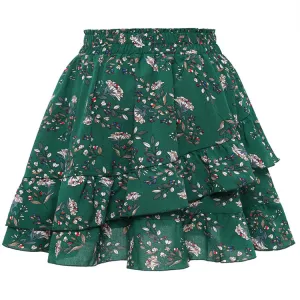 Women Fashion Elegant Irregular Floral Printed Ruffled Pleated Skirt