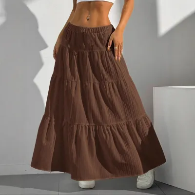 Women Fashion Solid Color Pleated Lace-Up Loose Skirt