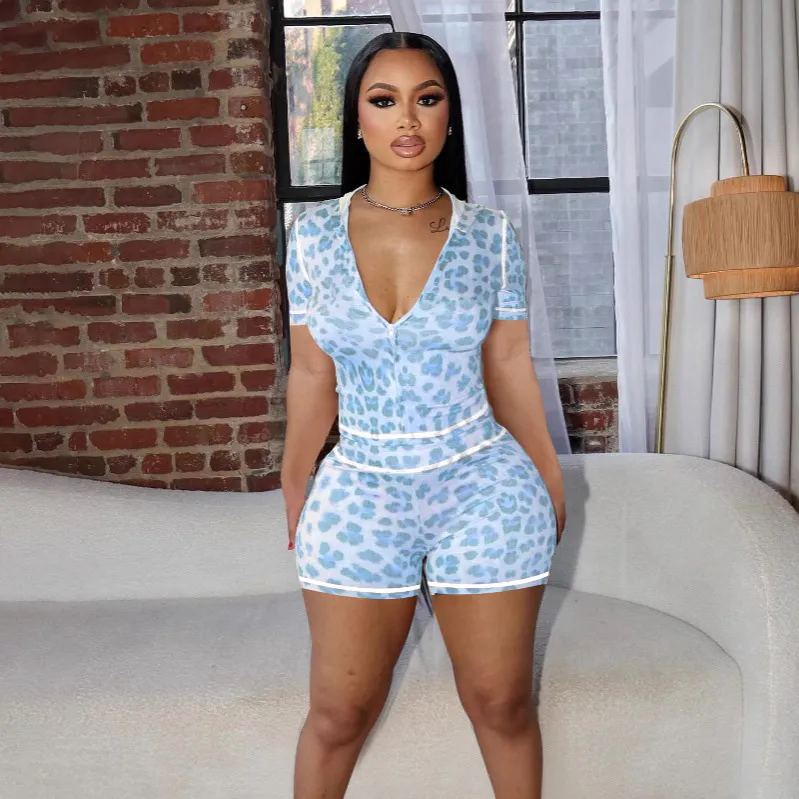Women's Leopard Print Short-Sleeve Zipper Hoodie and Tight Shorts Two-Piece Set