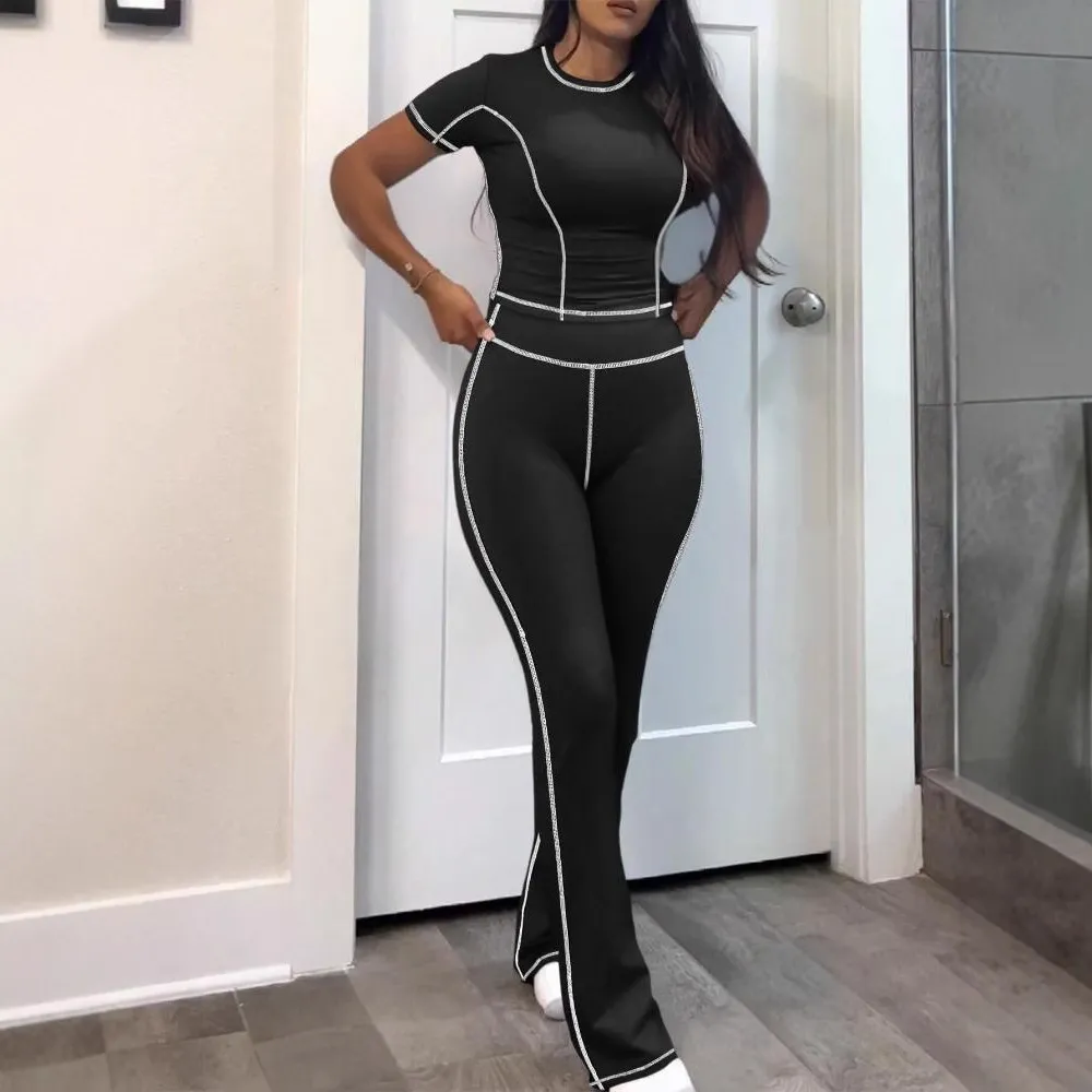 Women Fashion Casual Contrast Color Short-Sleeve T-Shirt Tight Pants Two-Piece Set