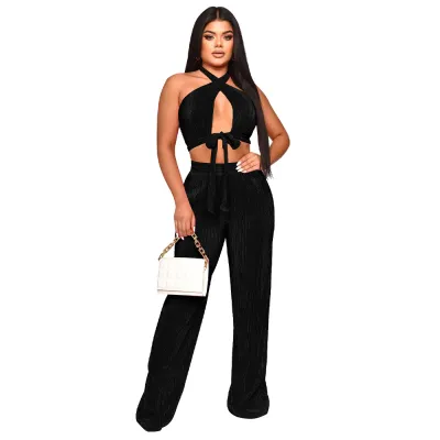 Women Fashion Sexy Solid Color Pleated Halter-Neck Sleeveless Lace-Up Crop Top Loose Pants Two-Piece Set