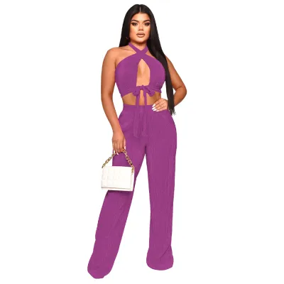 Women Fashion Sexy Solid Color Pleated Halter-Neck Sleeveless Lace-Up Crop Top Loose Pants Two-Piece Set