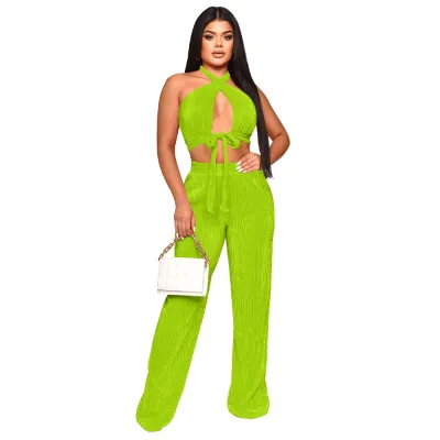 Women Fashion Sexy Solid Color Pleated Halter-Neck Sleeveless Lace-Up Crop Top Loose Pants Two-Piece Set