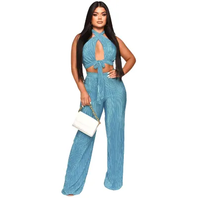 Women Fashion Sexy Solid Color Pleated Halter-Neck Sleeveless Lace-Up Crop Top Loose Pants Two-Piece Set