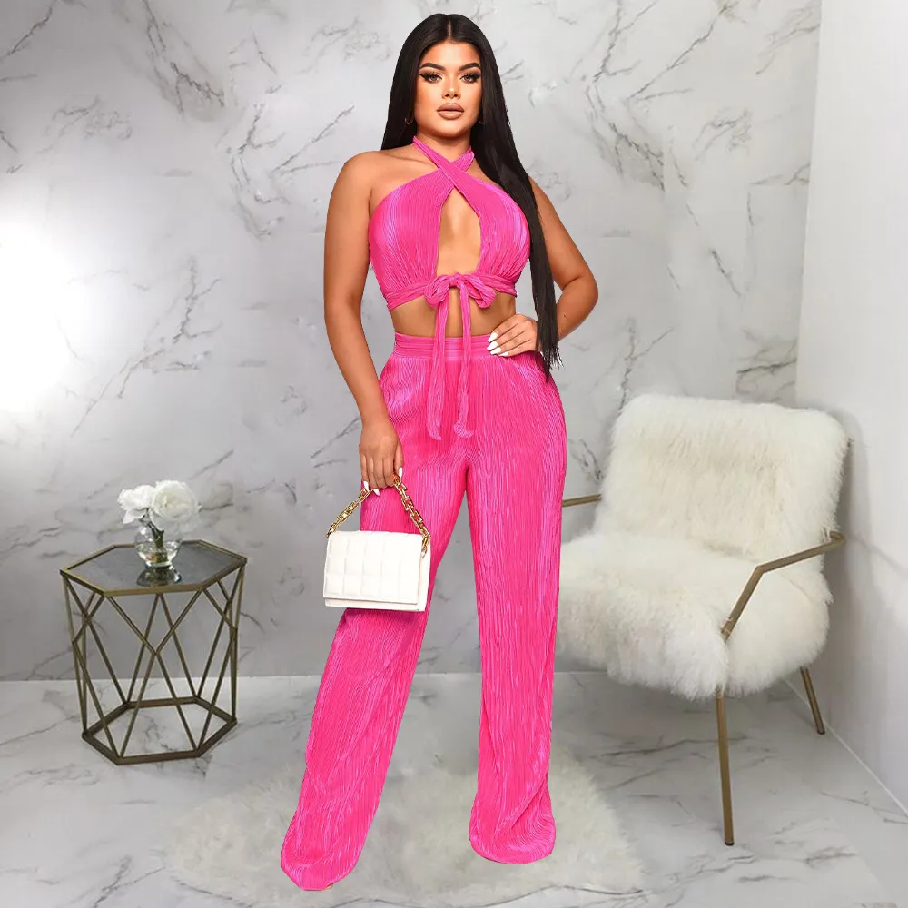 Women Fashion Sexy Solid Color Pleated Halter-Neck Sleeveless Lace-Up Crop Top Loose Pants Two-Piece Set