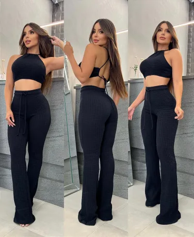 Women Fashion Sexy Plaid Halter-Neck Lace-Up Backless Crop Top High Waist Pants Two-Piece Set