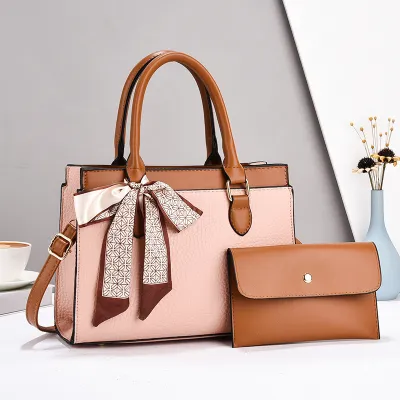 Women Fashion Casual Color Block Litchi Pattern Large Capacity PU Handbag Two-Piece Set