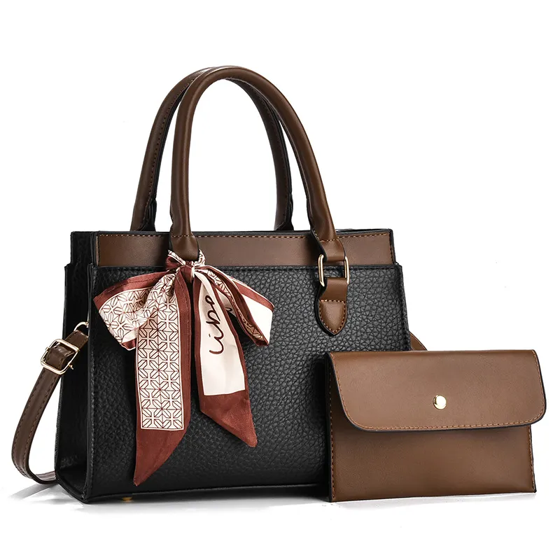 Women Fashion Casual Color Block Litchi Pattern Large Capacity PU Handbag Two-Piece Set