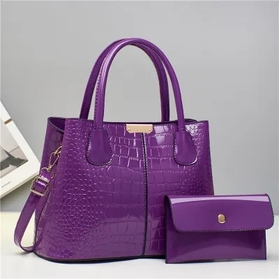 Women Fashion Casual Solid Color Crocodile Pattern Handbag Bag Two-Piece Set