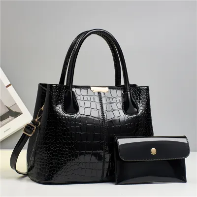 Women Fashion Casual Solid Color Crocodile Pattern Handbag Bag Two-Piece Set