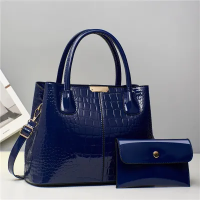 Women Fashion Casual Solid Color Crocodile Pattern Handbag Bag Two-Piece Set
