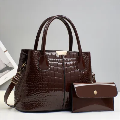 Women Fashion Casual Solid Color Crocodile Pattern Handbag Bag Two-Piece Set