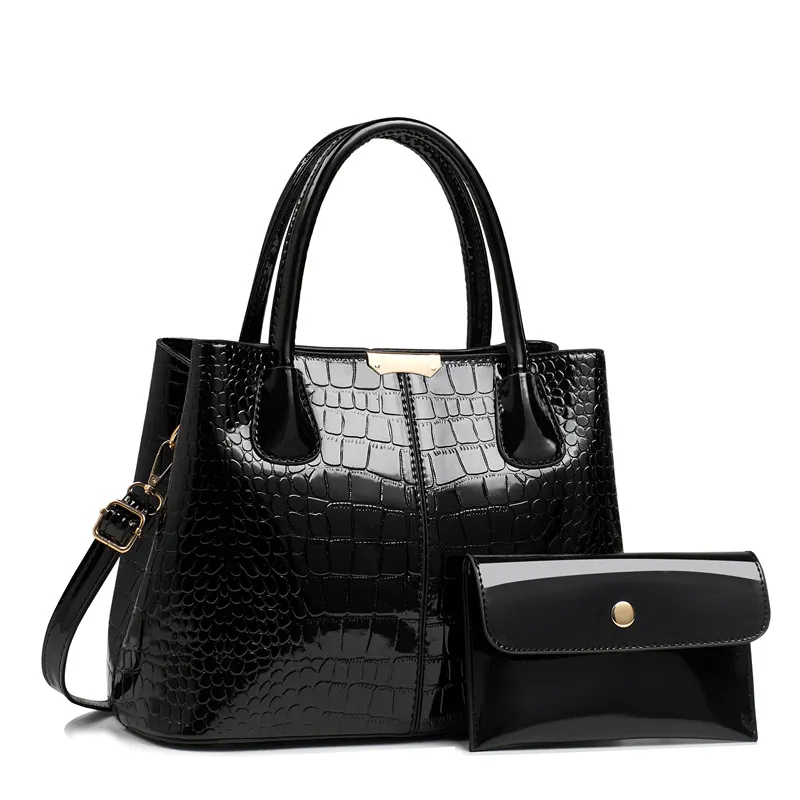 Women Fashion Casual Solid Color Crocodile Pattern Handbag Bag Two-Piece Set