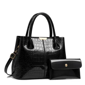 Women Fashion Casual Solid Color Crocodile Pattern Handbag Bag Two-Piece Set
