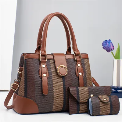 Women Fashion Color Block Large Capacity PU Handbag Three-Piece Set