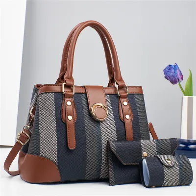 Women Fashion Color Block Large Capacity PU Handbag Three-Piece Set