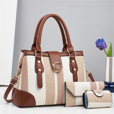 Women Fashion Color Block Large Capacity PU Handbag Three-Piece Set
