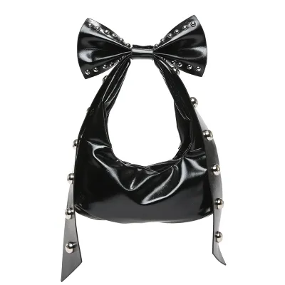 Women Fashion Solid Color Rivet Bowknot Oil Wax Leather Underarm Shoulder Bag