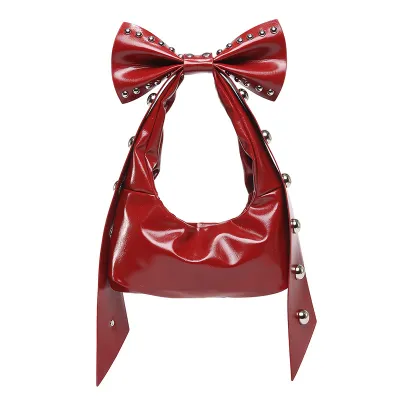 Women Fashion Solid Color Rivet Bowknot Oil Wax Leather Underarm Shoulder Bag
