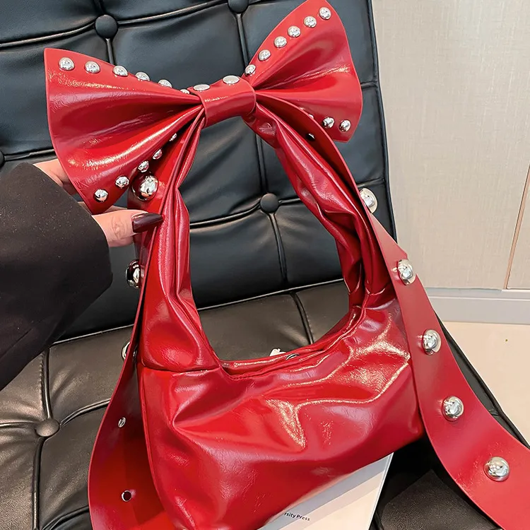 Women Fashion Solid Color Rivet Bowknot Oil Wax Leather Underarm Shoulder Bag