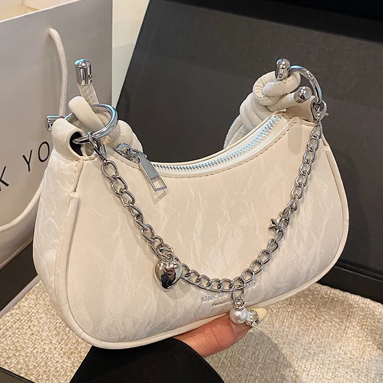 Women Fashion Solid Color Simple Chain Shoulder Bag PU Underarm Bag