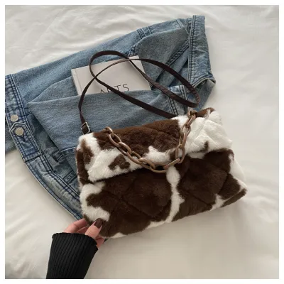 Women Fashion Leopard Plush Chain Shoulder Bag Street Trend