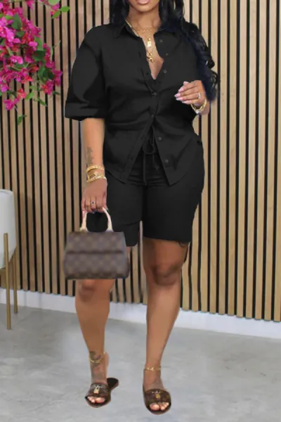 Women Casual Solid Color Plus Size Lapel Short-Sleeve Blouse Drawstring Shorts Two-Piece Set