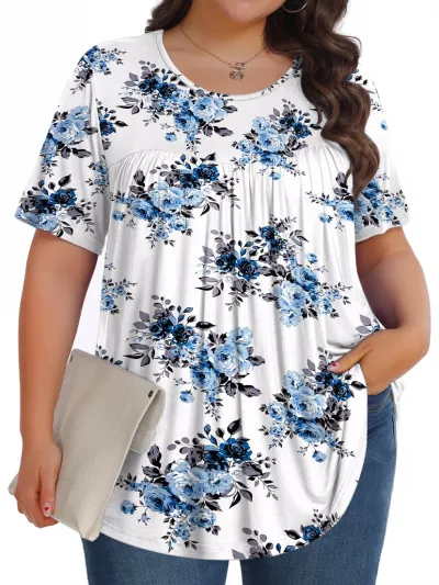 Women Plus Size Casual Floral Printed Short Sleeve T-Shirt