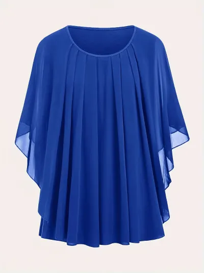 Women Casual Solid Color Plus Size Pleated Bat Sleeve Loose T-Shirt