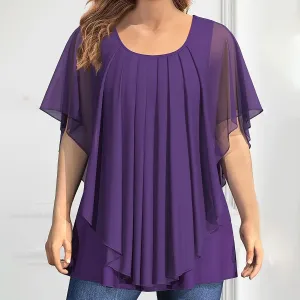 Women Casual Solid Color Plus Size Pleated Bat Sleeve Loose T-Shirt