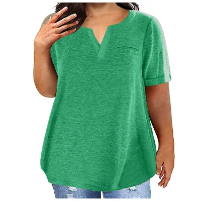 Women Fashion Casual Plus Size Solid Color V-Neck Short-Sleeve T-Shirt