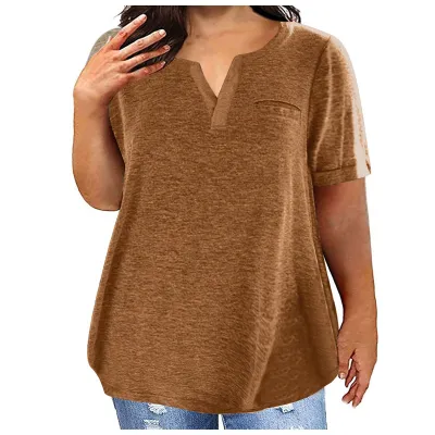 Women Fashion Casual Plus Size Solid Color V-Neck Short-Sleeve T-Shirt