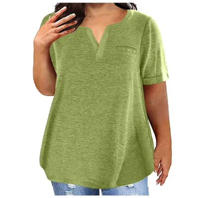 Women Fashion Casual Plus Size Solid Color V-Neck Short-Sleeve T-Shirt