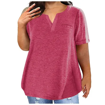 Women Fashion Casual Plus Size Solid Color V-Neck Short-Sleeve T-Shirt