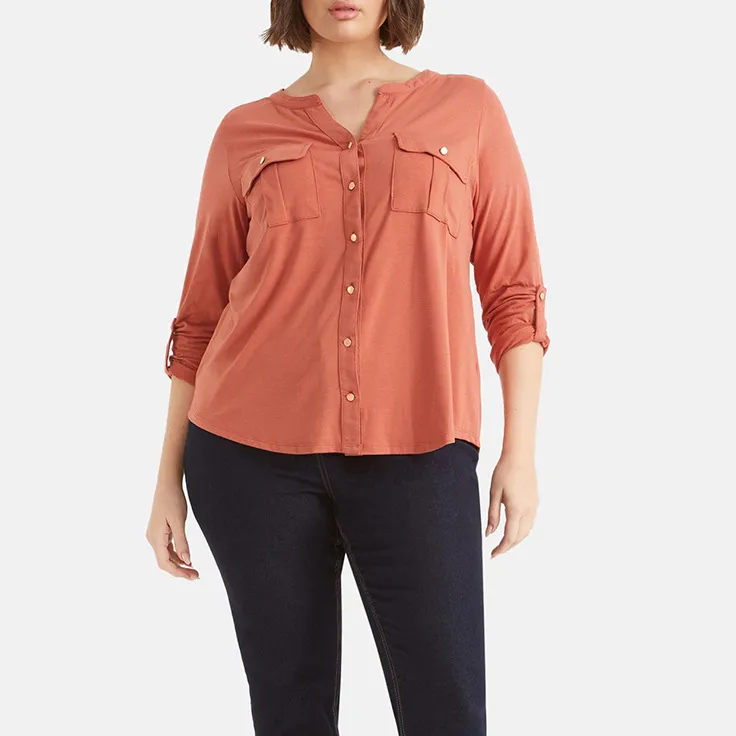 Women Fashion Casual Plus Size V-Neck Long-Sleeve Pockets Cardigan T-Shirt