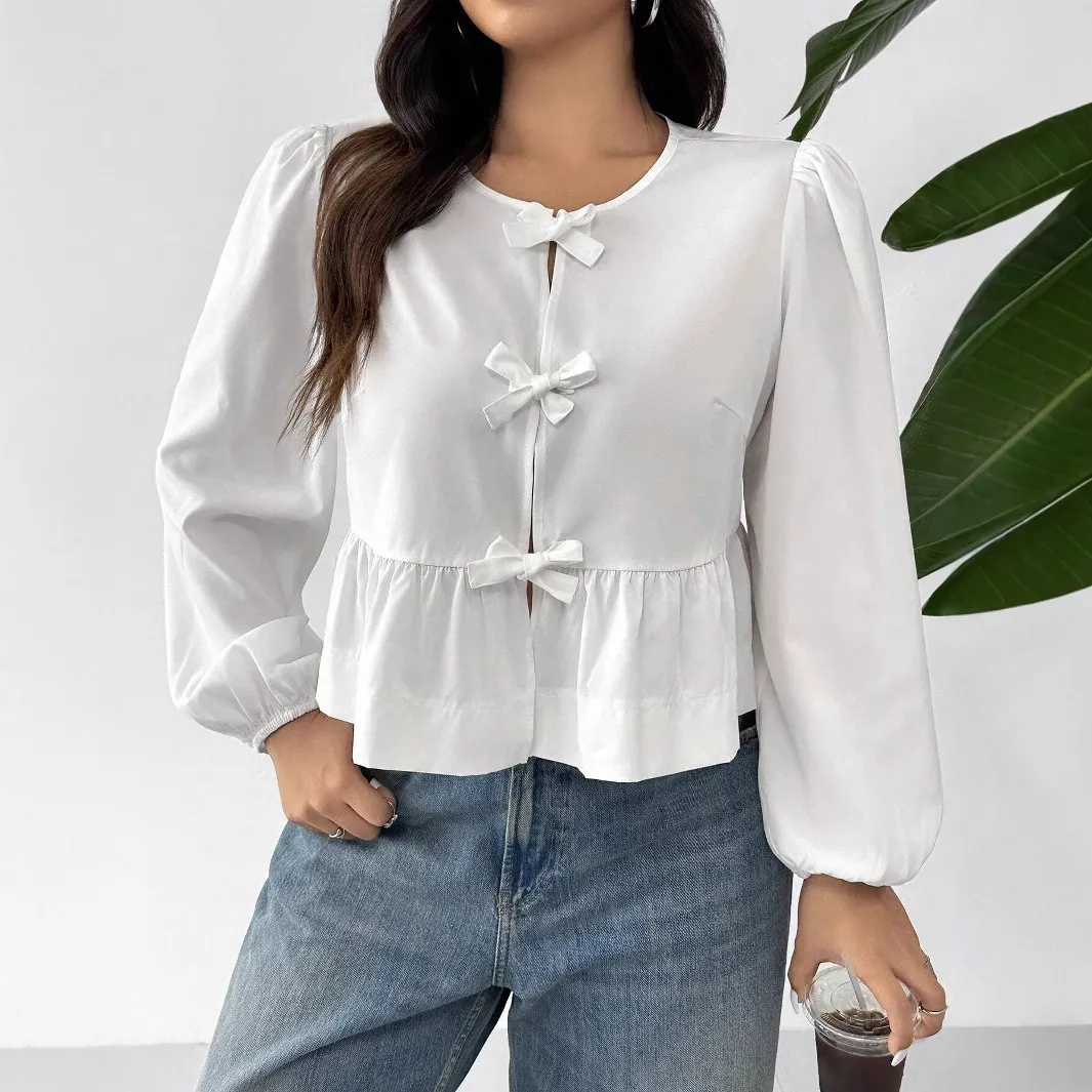 Women Plus Size Elegant Solid Color Bowknot Long Sleeve Pleated Blouse Cardigan