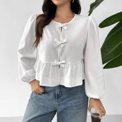 Women Plus Size Elegant Solid Color Bowknot Long Sleeve Pleated Blouse Cardigan