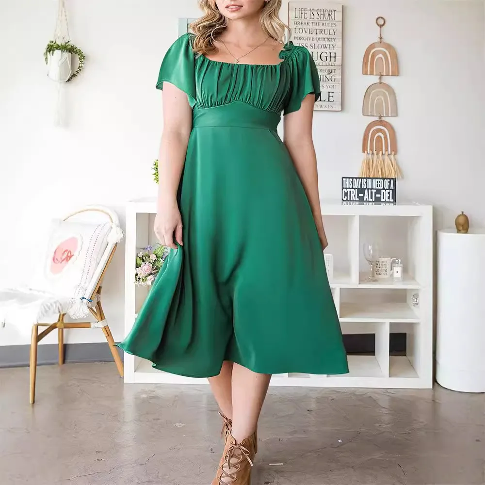 Women Plus Size Elegant Lace-Up Square Neck Short-Sleeve Pleated Midi Dress