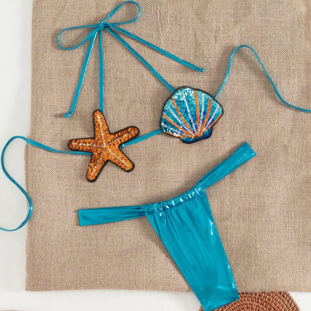 Women Fashion Sexy Sequins Shell Halter-Neck Lace-Up Bikini Swimsuit