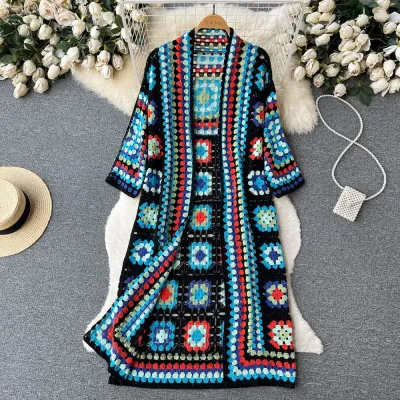 Women Fashion Boho Jacquard Hollow-Out Long Sleeve Coat