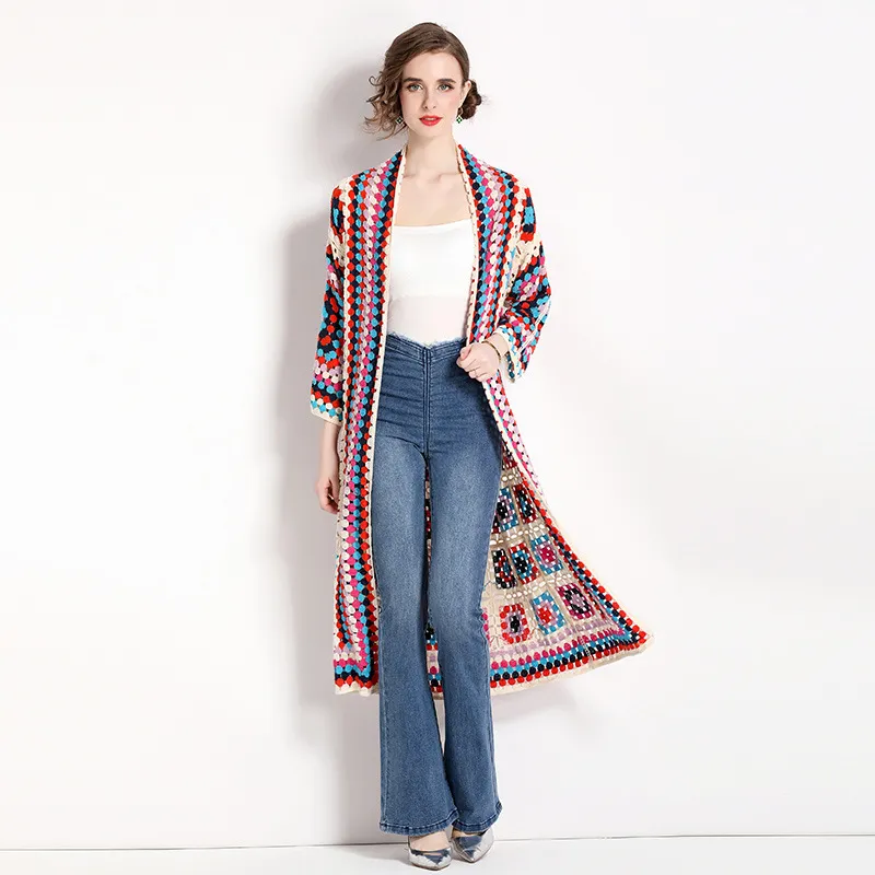 Women Fashion Boho Jacquard Hollow-Out Long Sleeve Coat