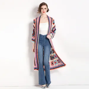 Women Fashion Boho Jacquard Hollow-Out Long Sleeve Coat