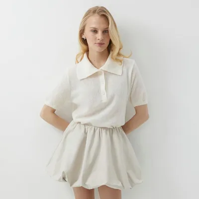 Women Casual Solid Color Hollow-Out Lapel Short-Sleeve Knitwear Pullover