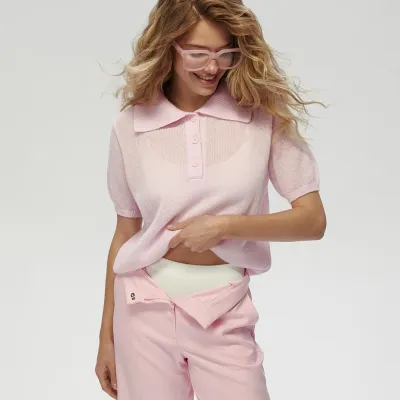 Women Casual Solid Color Hollow-Out Lapel Short-Sleeve Knitwear Pullover