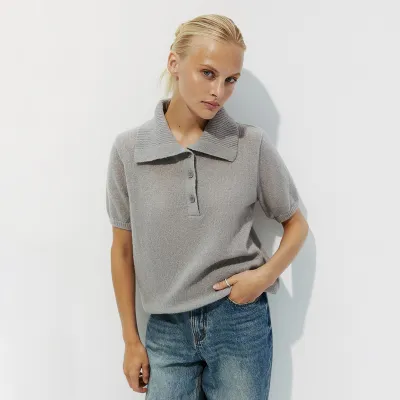 Women Casual Solid Color Hollow-Out Lapel Short-Sleeve Knitwear Pullover
