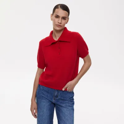 Women Casual Solid Color Hollow-Out Lapel Short-Sleeve Knitwear Pullover