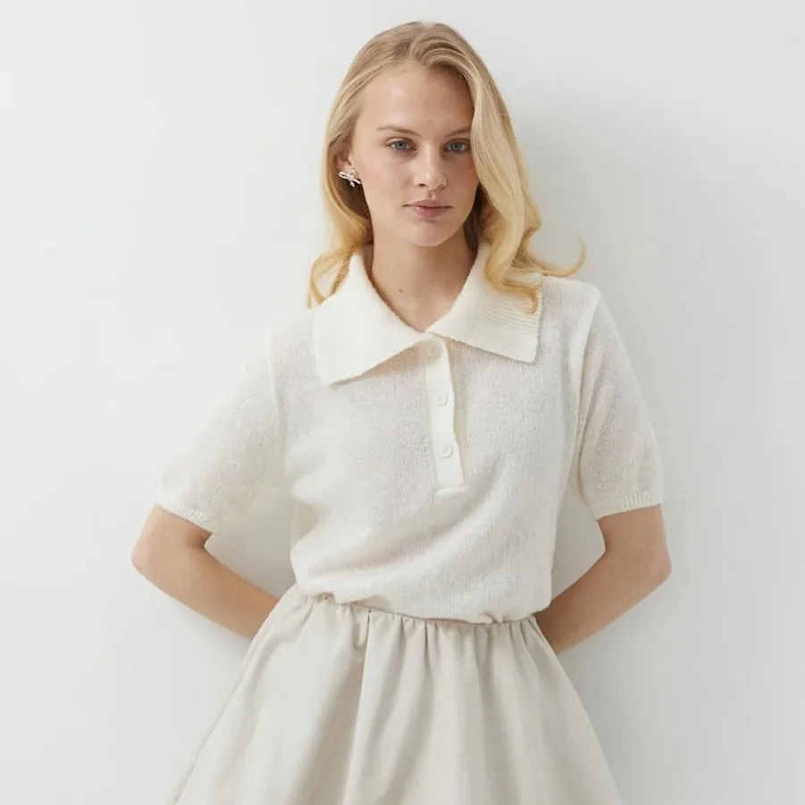 Women Casual Solid Color Hollow-Out Lapel Short-Sleeve Knitwear Pullover