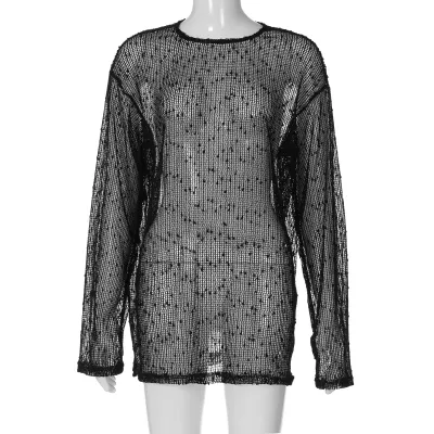 Women Fashion Sexy Perspective Round Neck Long-Sleeve Loose Knitwear Cover-Up