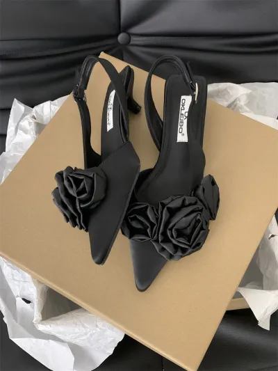 Spring Summer Pointed Toe Flower Ankle Buckle Strap Sandals Heels