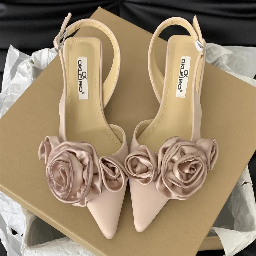Spring Summer Pointed Toe Flower Ankle Buckle Strap Sandals Heels